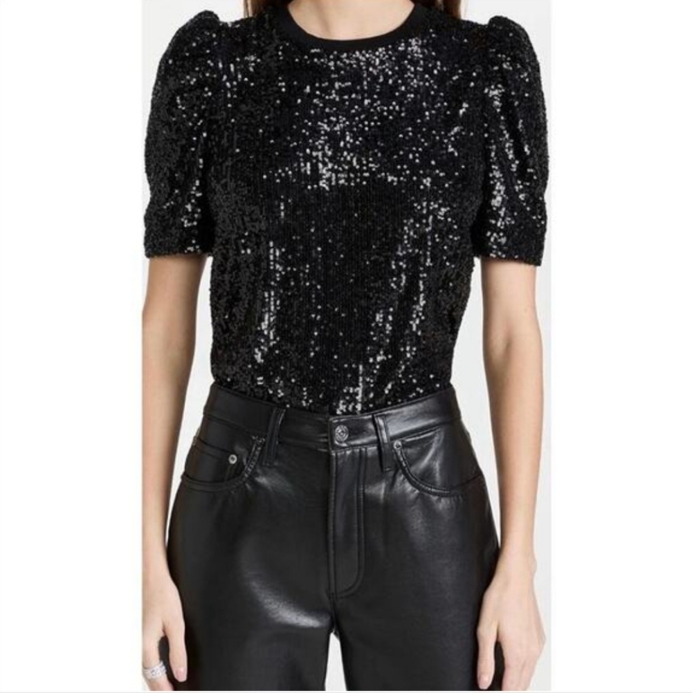 Generation Love Black Sequin Puff Sleeve Top Crew Neck Short Sleeves Size S